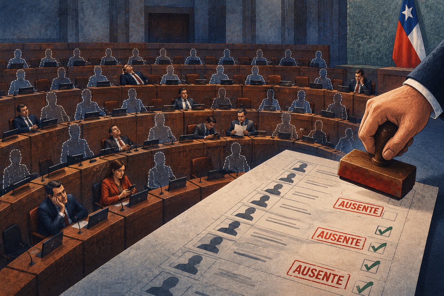 Ilustración: la Sala de la Cámara con muchos asientos vacíos, marcados con siluetas, mientras una mano timbra «Ausente» en la lista de asistencia