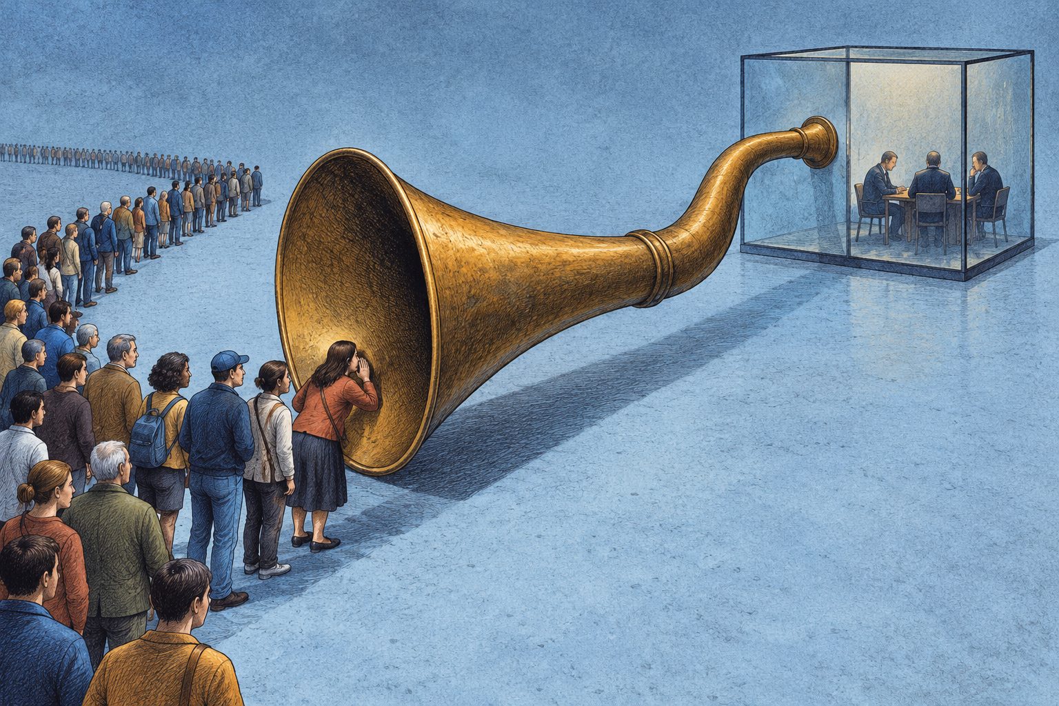 Ilustración: una larga fila de personas habla por turnos a una enorme bocina de bronce cuyo extremo termina dentro de una caja de vidrio donde un grupo de dirigentes conversa en una mesa