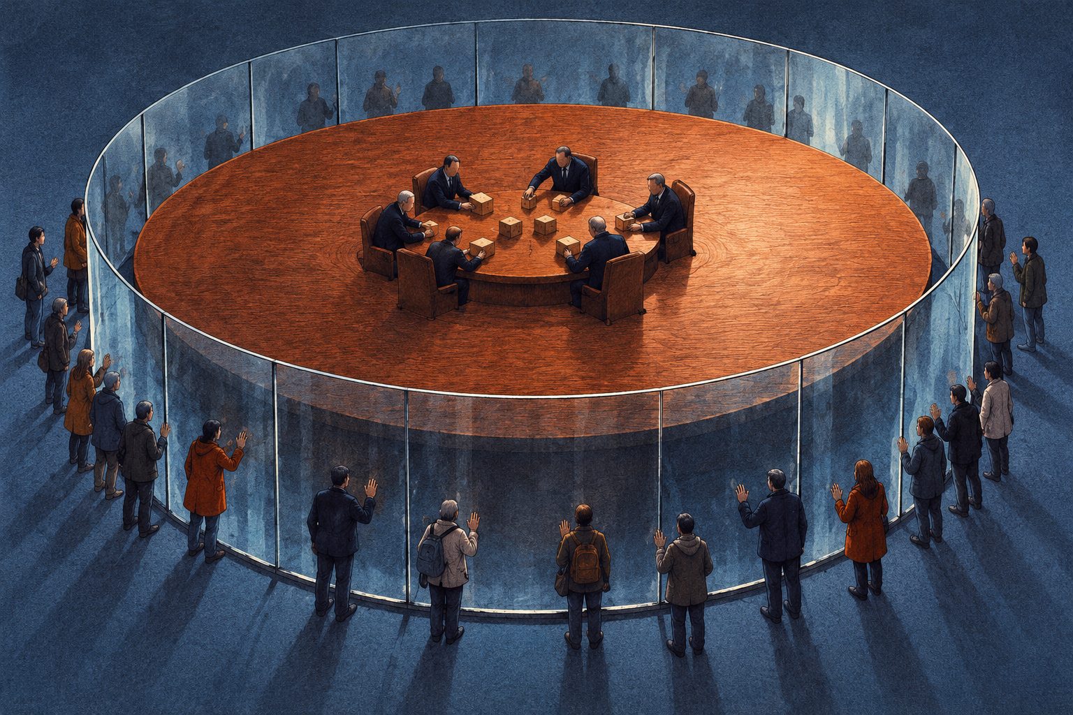 Ilustración: dirigentes sentados en una mesa redonda dentro de un cilindro de vidrio mientras la ciudadanía, afuera, levanta la mano