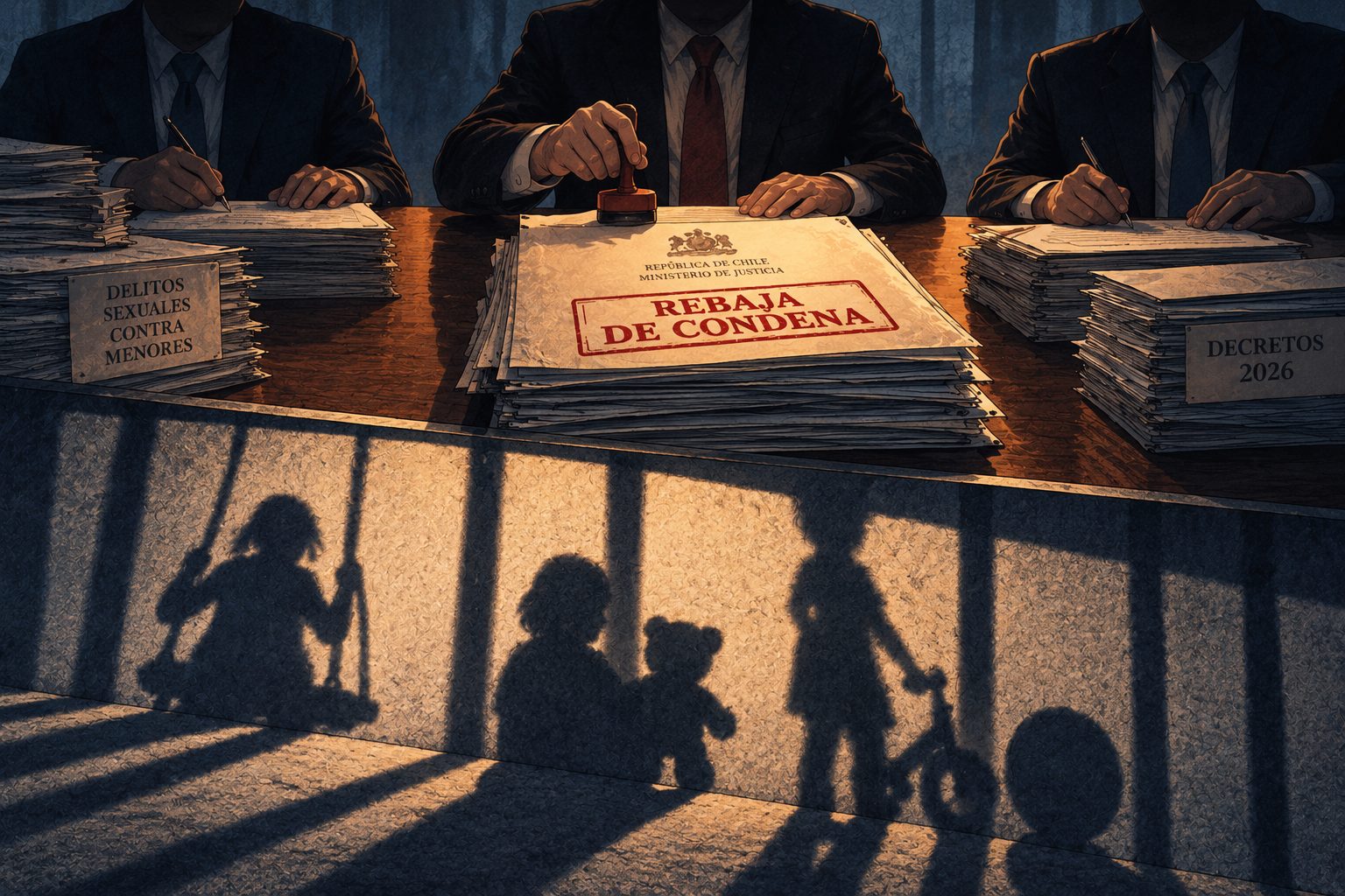 Ilustración: autoridades firman y timbran decretos de rebaja de condena sobre un escritorio; abajo, las sombras de niños jugando proyectadas como barrotes