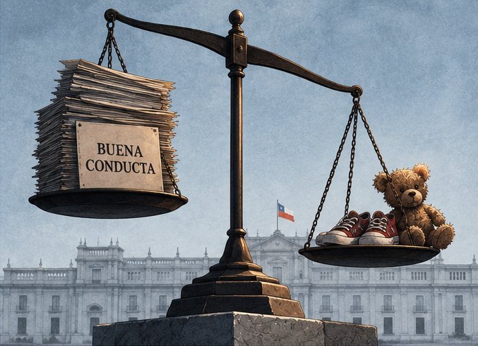 Ilustración: una balanza frente a La Moneda; en un plato, papeles con la etiqueta Buena conducta pesan más que unas zapatillas y un peluche de niño en el otro