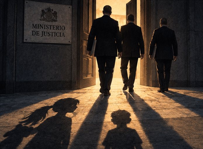 Ilustración: tres hombres de traje salen por la puerta del Ministerio de Justicia hacia la luz, mientras en el suelo quedan las sombras de dos niños