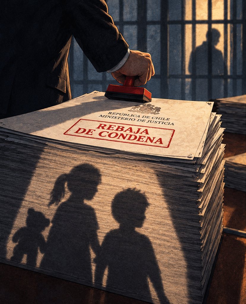 Ilustración: una mano timbra un decreto de rebaja de condena del Ministerio de Justicia; sobre la pila de papeles se proyectan sombras de niños y, al fondo, la silueta de un preso tras las rejas